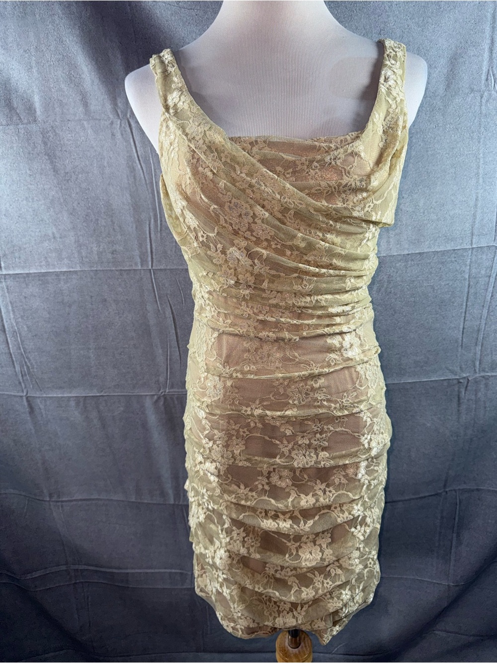 3542-Express Gold Lace Ruched Mini Dress